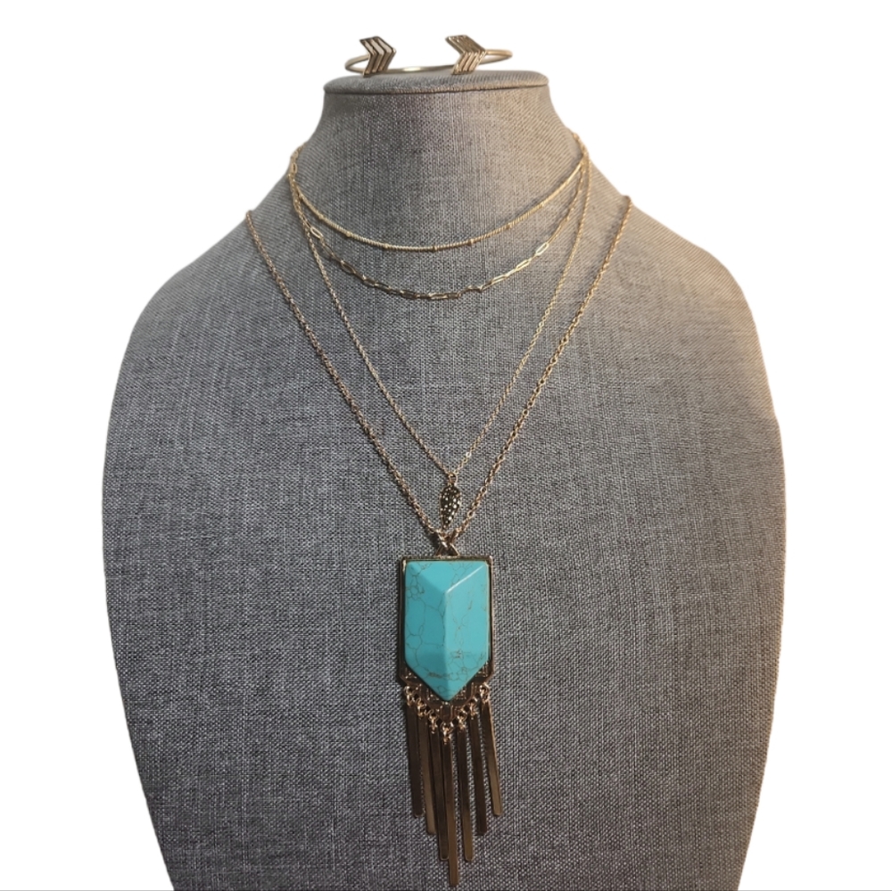BUNDLE BOHEMIAN SOUTHWESTERN TURQUOISE PENDANT MULTI LAYERD CHAINS ARROW CUFF
